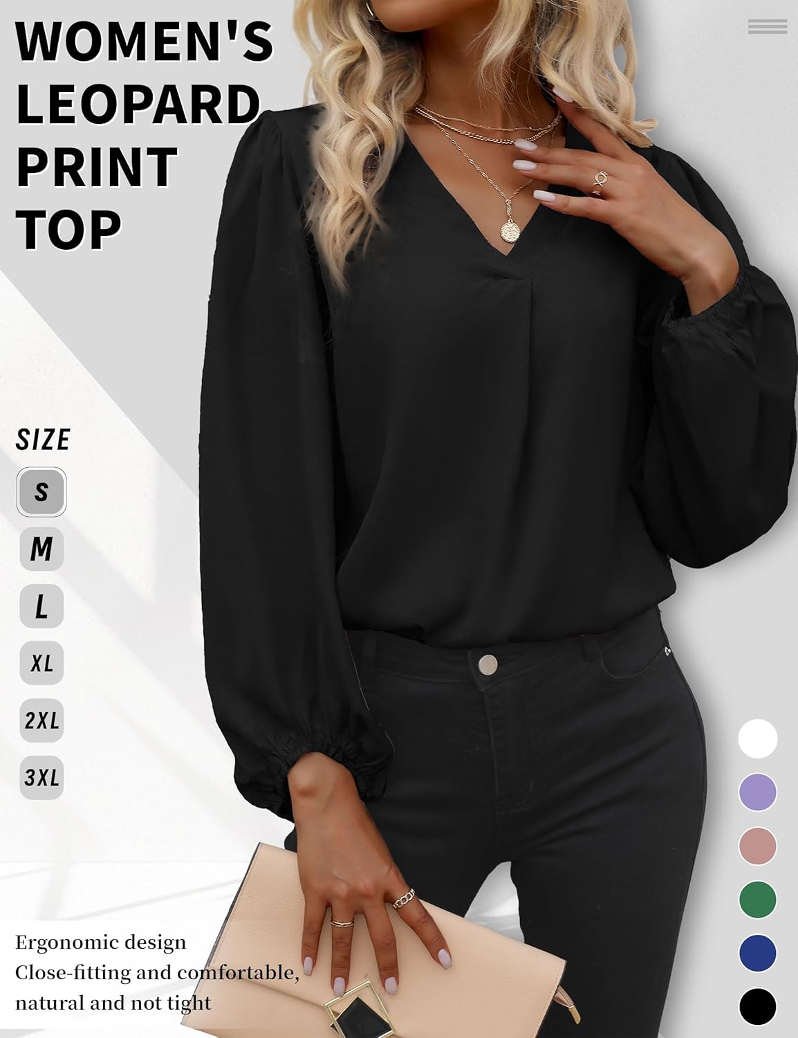 Long Sleeve Blouses for Women, Leopard Print Chiffon Tops V Neck Loose Business Shirts Casual Work Tunic - Image 4