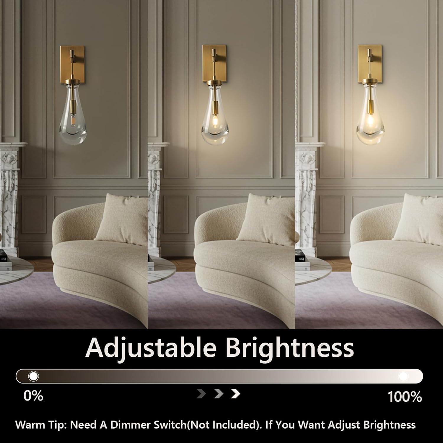 Raindrop Sconces Set of Two,Gold Wall Sconces Stairway Wall Light with Luxury Clear Glass, Bedside Brass Sconces Wall Lighting Bathroom Vanity Light, Included Bulbs