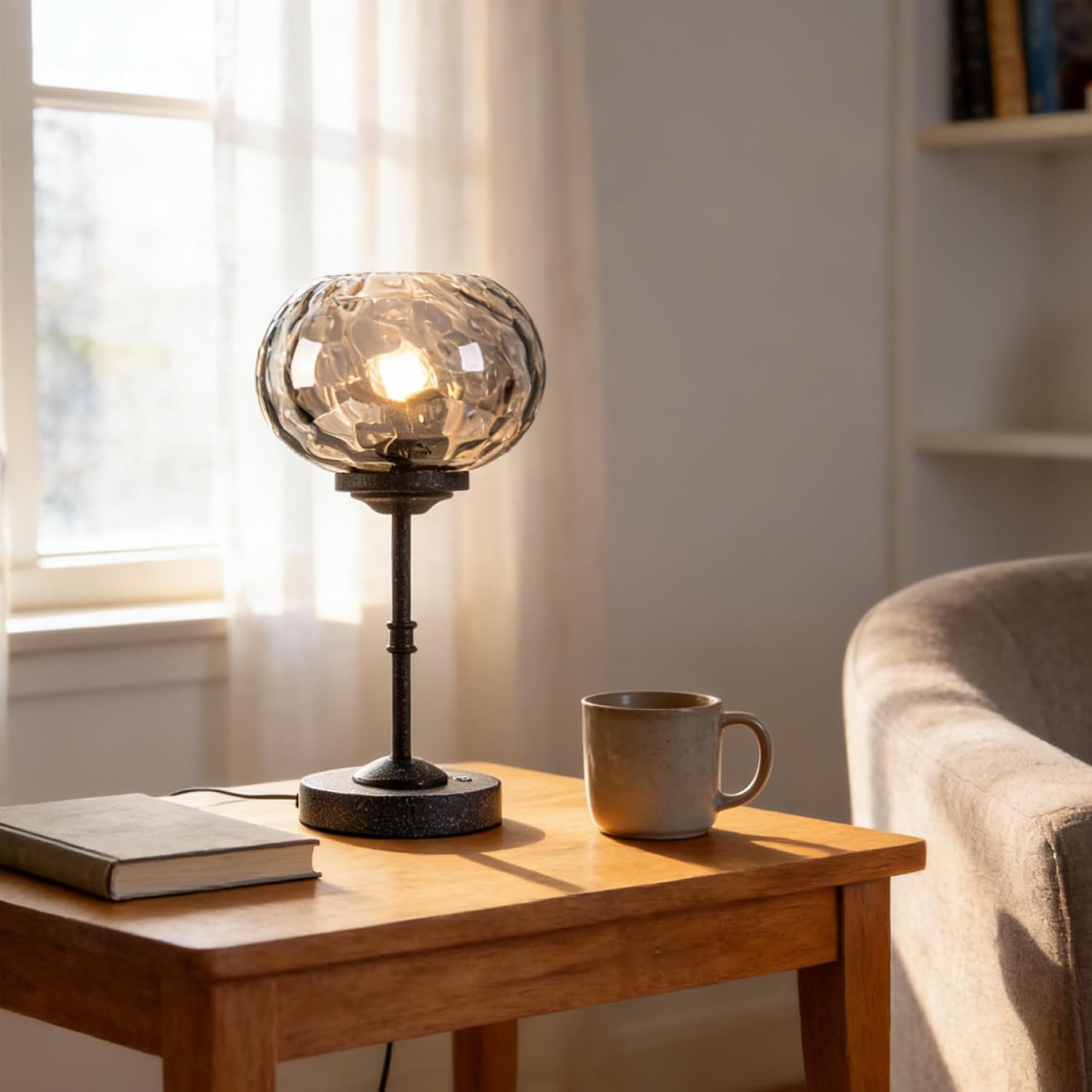 Hammered Glass Table Lamp Black Portable Dimmable Brightness Small Nightstand Light 3-Way Touch Control Stepless Dimming Bedside Bedroom Living Room