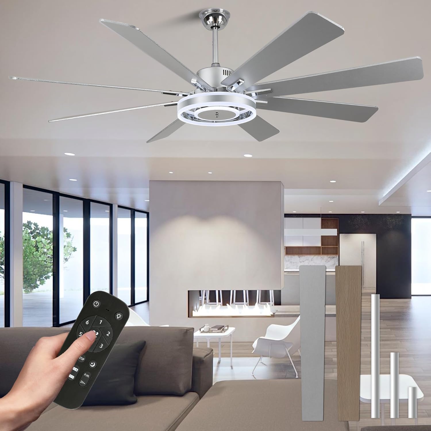 72 Inch Ceiling Fan, Large Ceiling Fans with Lights and Remote, 6 Speed Reversible Quiet DC Motor, Dual Finish 8 Blades, Indoor/Outdoor Modern LED Ceiling Fan for Bedroom Living Room Patio (Silver)