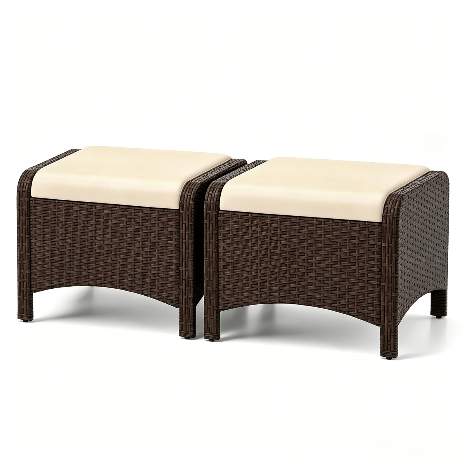 LIFEZEAL Set di 2 Sgabelli Poggiapiedi da Giardino Resistenti ai Raggi UV, in Rattan, Pouf da Esterno con Cuscino Rimovibile, Poggiapiedi Regolabile, 54 x 46 x 39,5 cm, Portata 180 kg (Ocra)