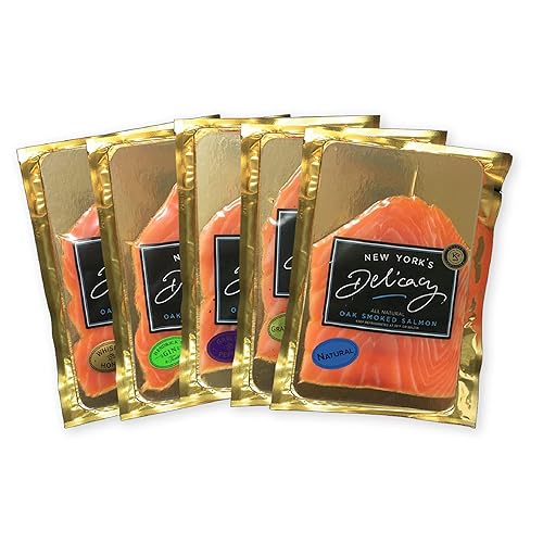 New York's Delicacy Combo de regalo surtido de salmón ahumado gourmet Nova, incluye filetes de salmón atlántico 100% naturales 5 x 4 onzas de