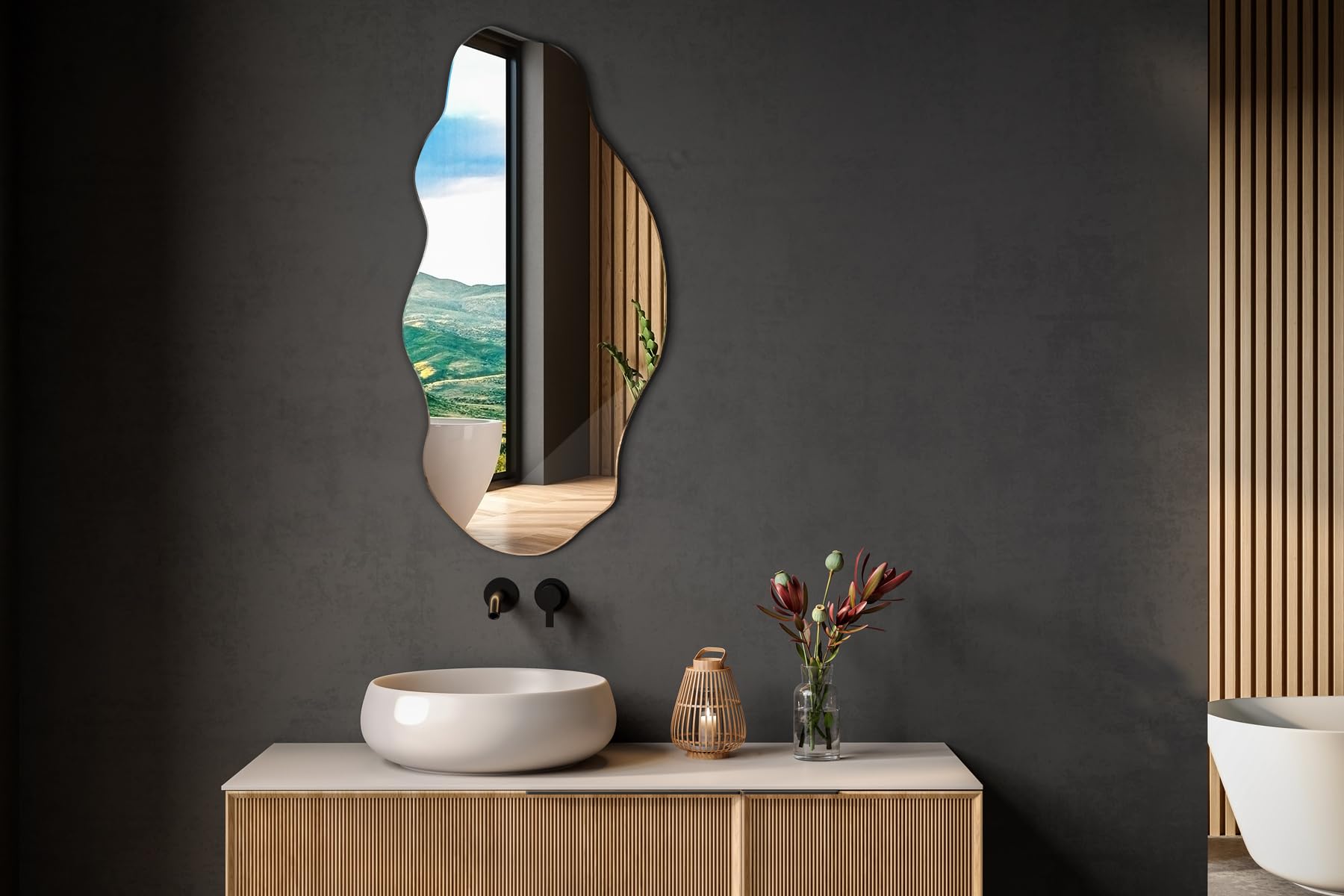 Generico Decormat Specchio 50x100 cm Grande Moderno Irregolare Organico Asimmetrico Macchia per Bagno Soggiorno Verticale