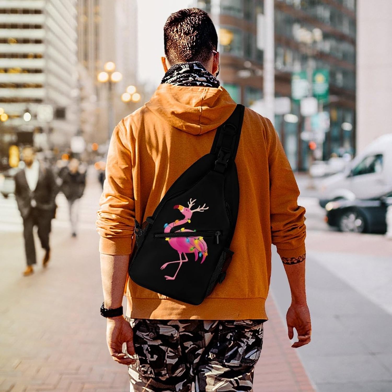 Christmas-flamingo Men Crossbody Sling Backpack Chest Bag | Travel Fanny Pack,Hiking Daypack,Print Shoulder Bags