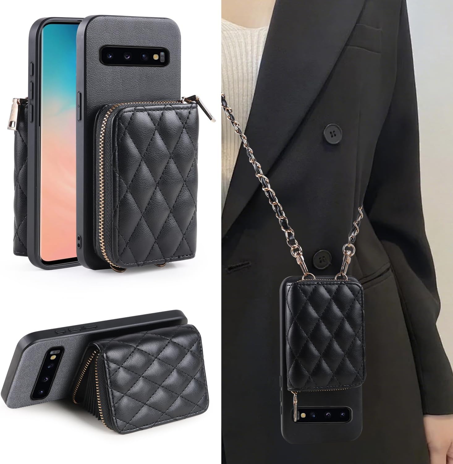 Argyle Wallet Cover for Samsung Galaxy S10 & Tempered Glass Screen Protector Shoulder Strap, PU Leather Zipper Organ Card Holder Stand Phone Case for S 10 Edge 10S GS10 X10 Women Girls Black