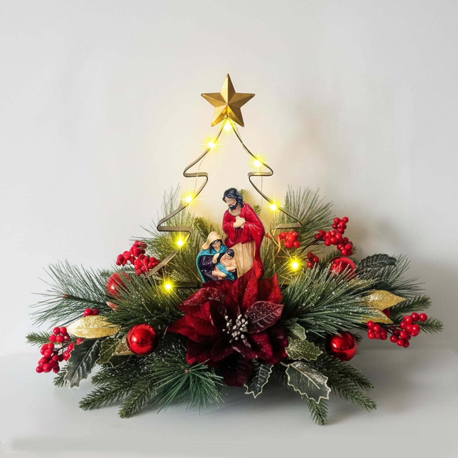 Eksen Nativity LED Christmas Tree Tabletop Centerpiece, Holy Family Christmas Decoration with Warm Lights, Red Poinsettia & Pine Accents for Holiday Home, Mantel or Dining Table Display(Red)