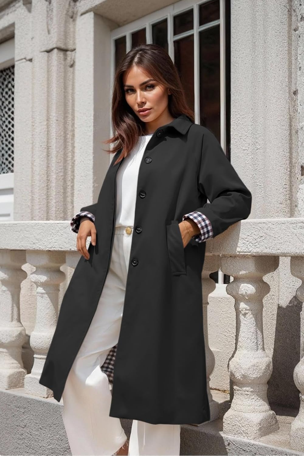 Windproof Women's Long Single Breasted Trench Coat Oversized Style with Checkered Lining All-Season Fashion Outerwear - Image 5