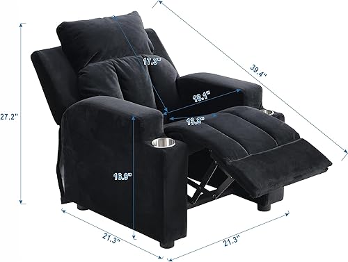 Silla reclinable moderna de terciopelo para niños con dos portavasos, sofá tapizado ajustable para niños con reposacabezas y respaldo para niños