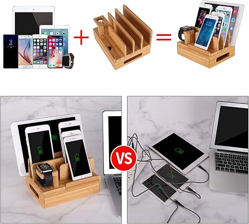 Miniatura 5 de Estación de carga de escritorio multidispositivo de madera de bambú Soporte de cargador compatible con iPhone 16 15 14 13 12 11 Pro Max iPad mini