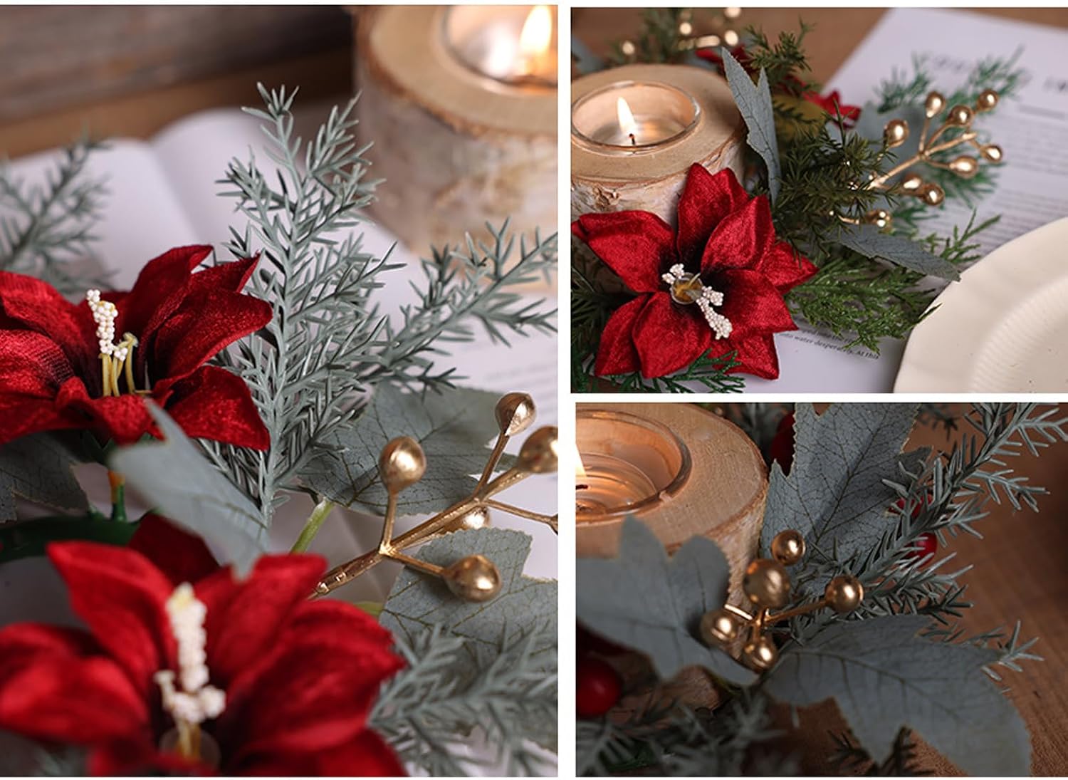 Christmas Candle Rings Xmas Wreaths Pine Needles Berry Red Flower Candle Decoration Winter Party Centerpiece Candle Holder for Tables Decor
