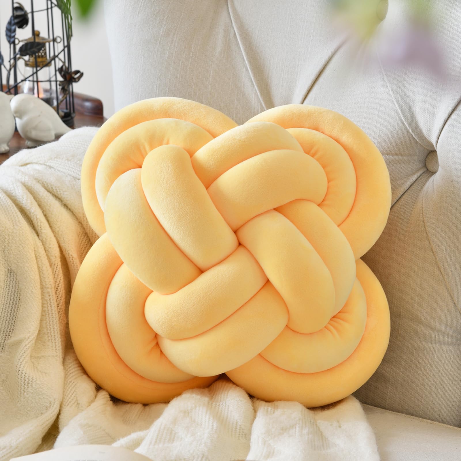Xuyier Knot Pillow Ball, Decorative Throw Pillows with Velvet Fabric for Couch Bed, 12" Decor Knotted Square Floor Pillow Cushions for Living Room (12 Inches, Light Yellow)