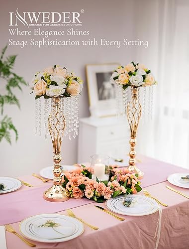 Miniatura 10 de Inweder Decoración de mesa de centro de mesa de boda, 2 piezas de jarrón dorado para centros de mesa con cristales de araña, florero de flores de