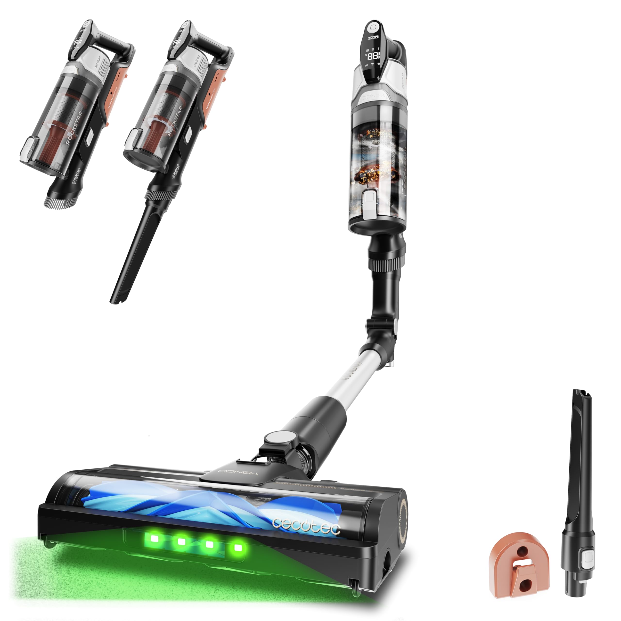 Cecotec Bezprzewodowy odkurzacz Conga Rockstar S30 Flex, ultralekki, 2,5 kg, 80 AW, silnik BLDC, 240 W, bezwłosowy pędzel, akumulator 45 min, rura ErgoFlex do szybkiego czyszczenia bez wysiłku w domu