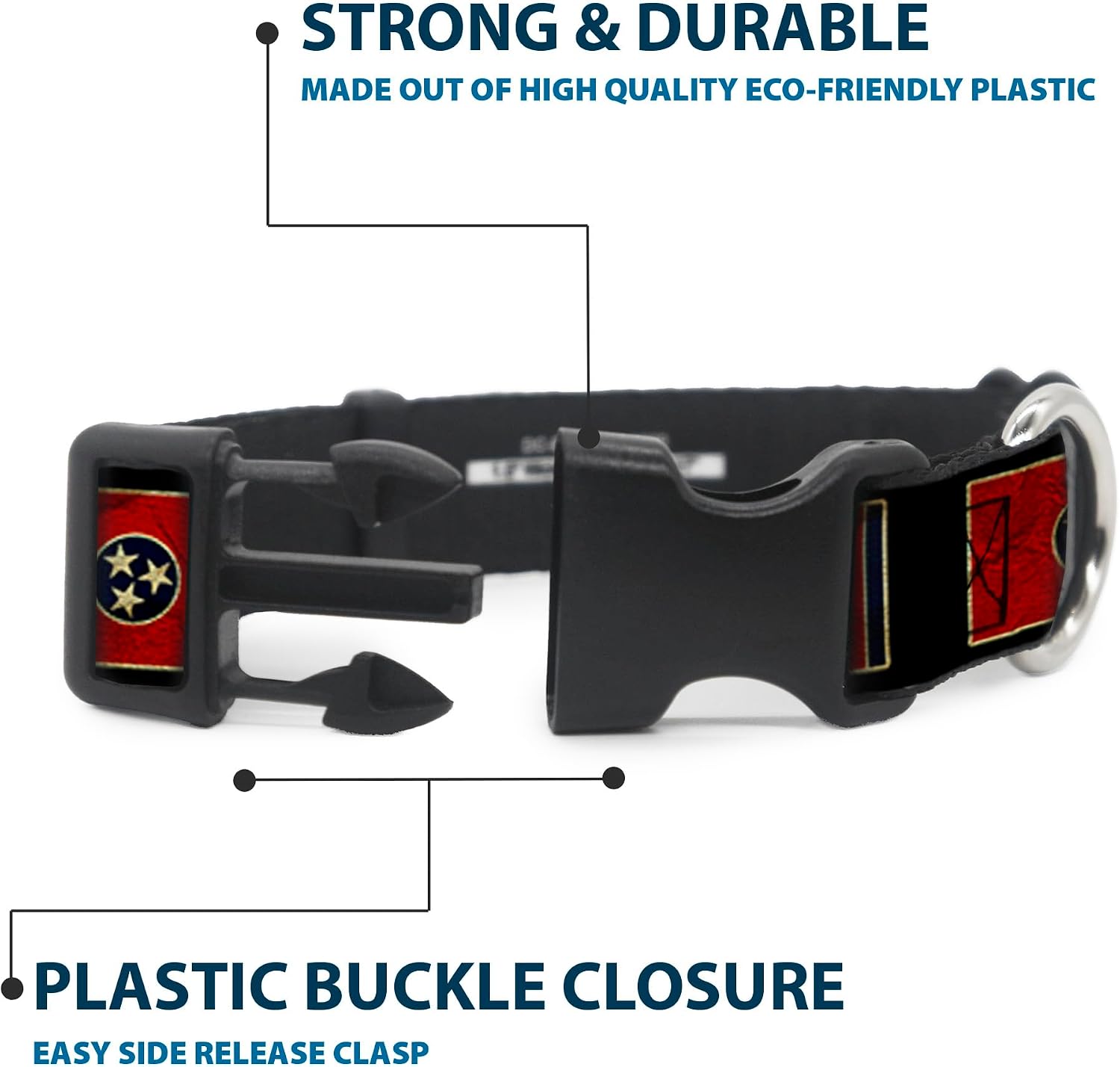Buckle-Down Plastic Clip Collar - Tennessee Flag/Black Distressed - 1" Wide - Fits 11-17" Neck - Medium image 4