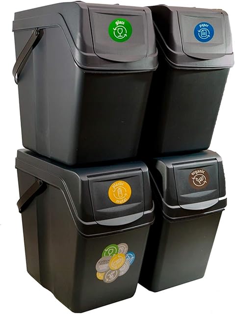Prosperplast Set of 4 Recycling Bins, 100 Litres, Plastic Sortibox in Anthracite, 4 x 25 L