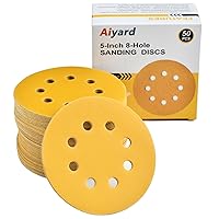 Vista 17 de Discos de lija de 5 pulgadas, 8 agujeros, gancho y bucle, granos surtidos 60/80/120/220/400, disco de lija dorado para lijadora orbital, paquete