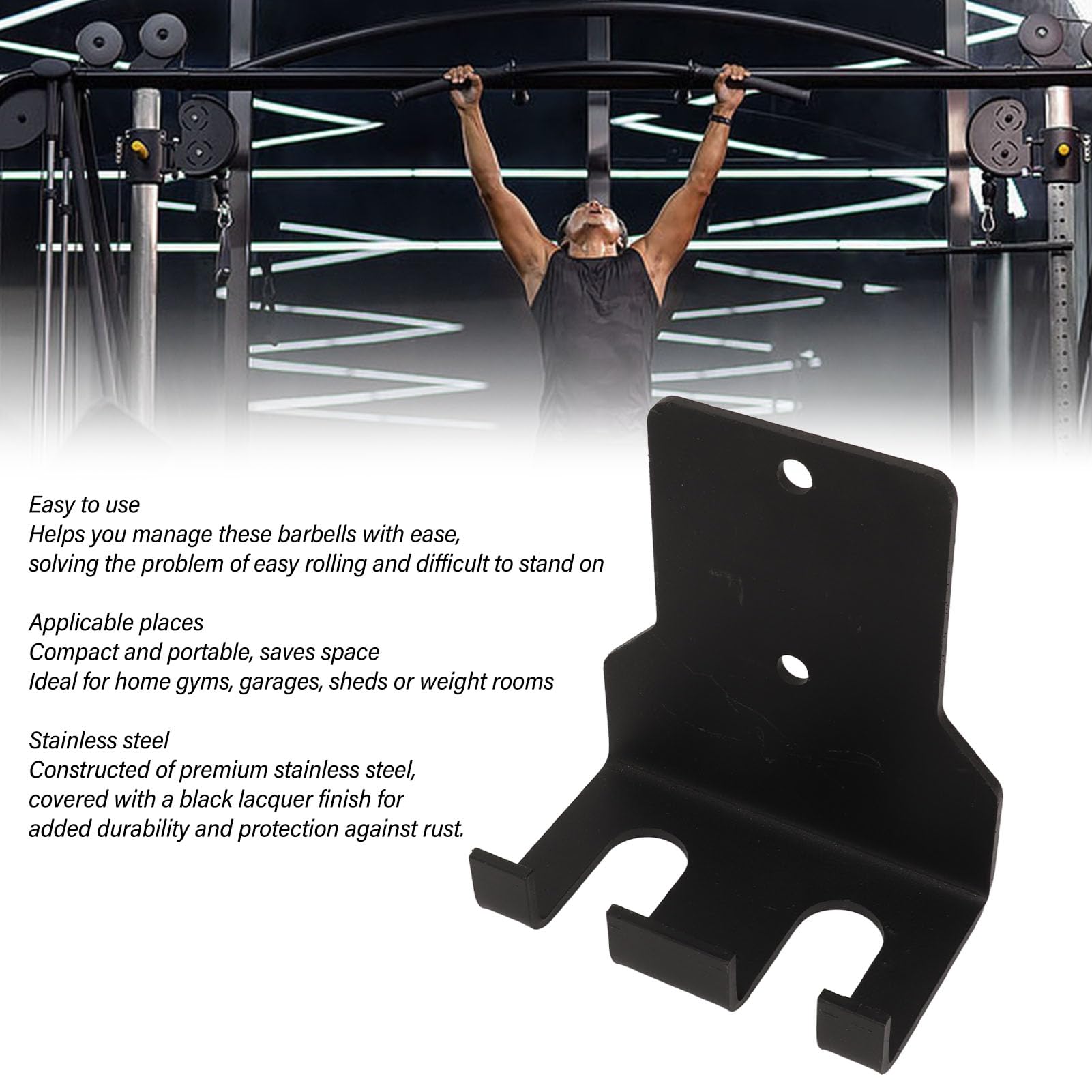 Supporto per bilanciere da parete in acciaio inox, verticale, salvaspazio, ideale per palestra, casa, garage e sala pesi. Finitura resistente con laccatura nera. Dimensioni