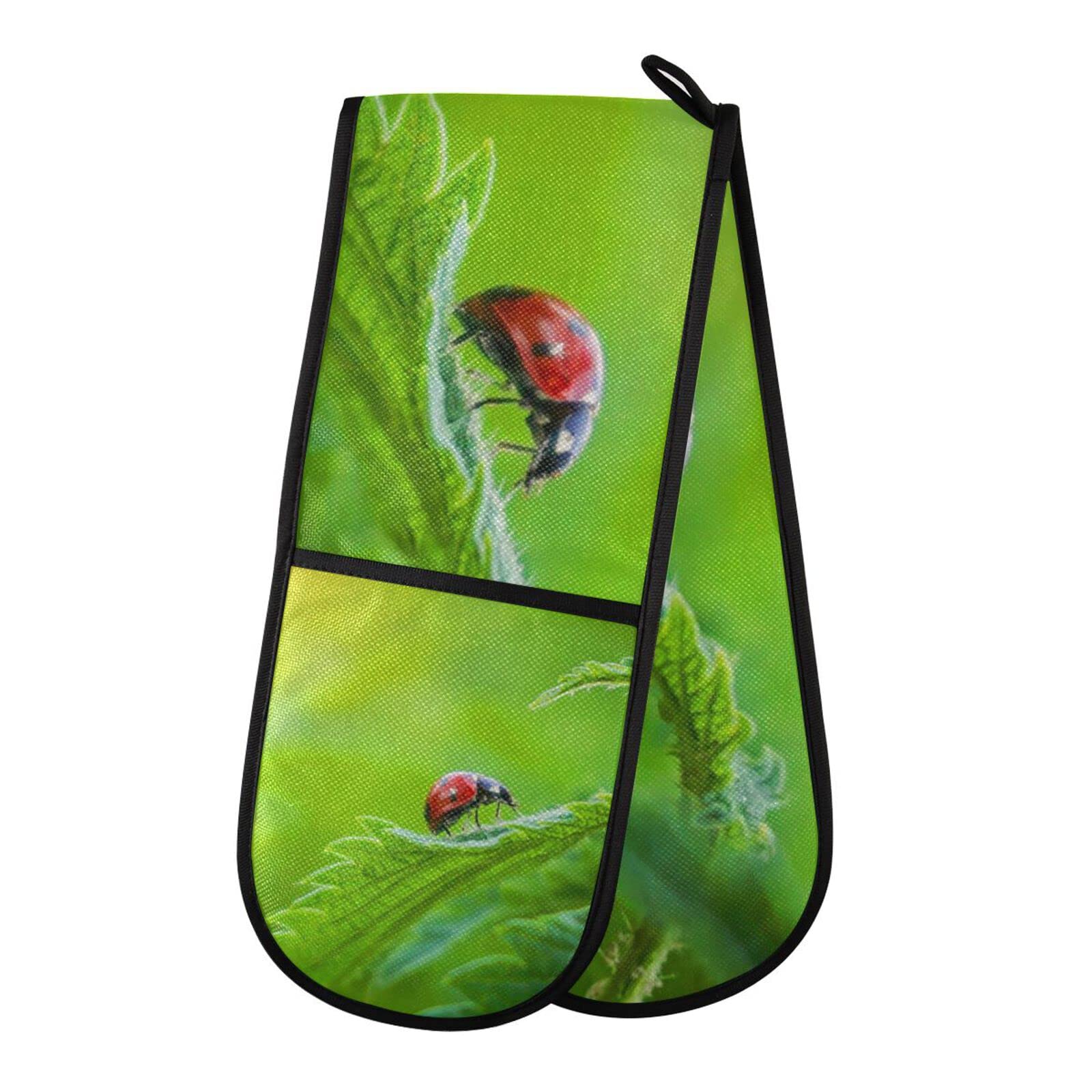 Double Oven Glove Red Ladybird Green Leaves Heat Resistant Double Ovens Mitt Modern Cooking Gloves Potholders