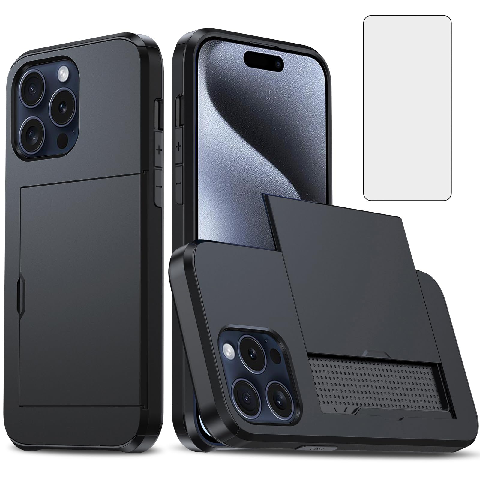 Coque iPhone 15 Pro 5G avec protège-écran en verre et étui portefeuille rigide 6,1 pouces