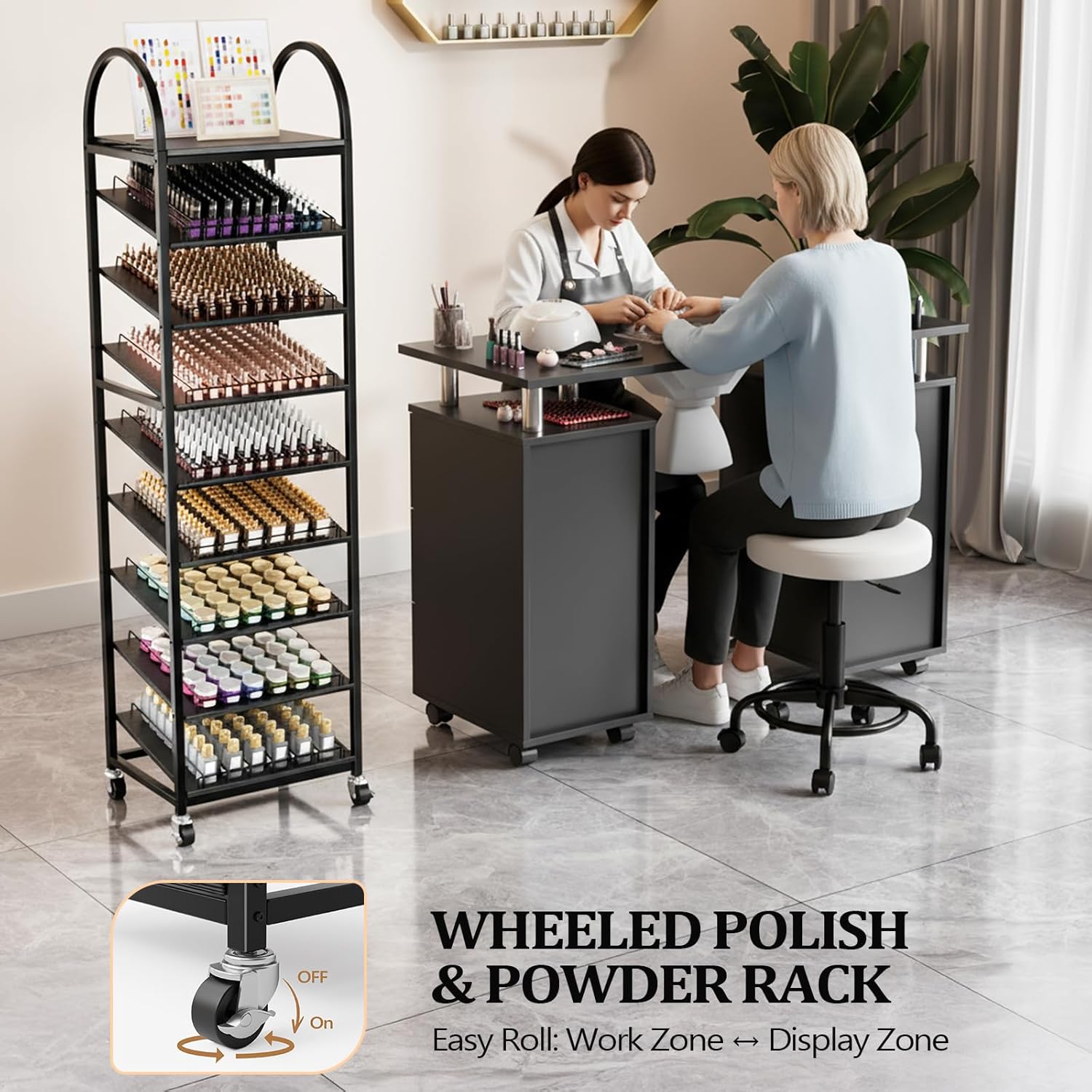 OmySalon Rolling Nail Polish & Powder Display Stand - 8 Tier Mobile Nail Salon Organizer Rack with Wheels, Holds 600 Bottles & 240 Jars for Nail Artists, Salon Display, Retail Store (Black)