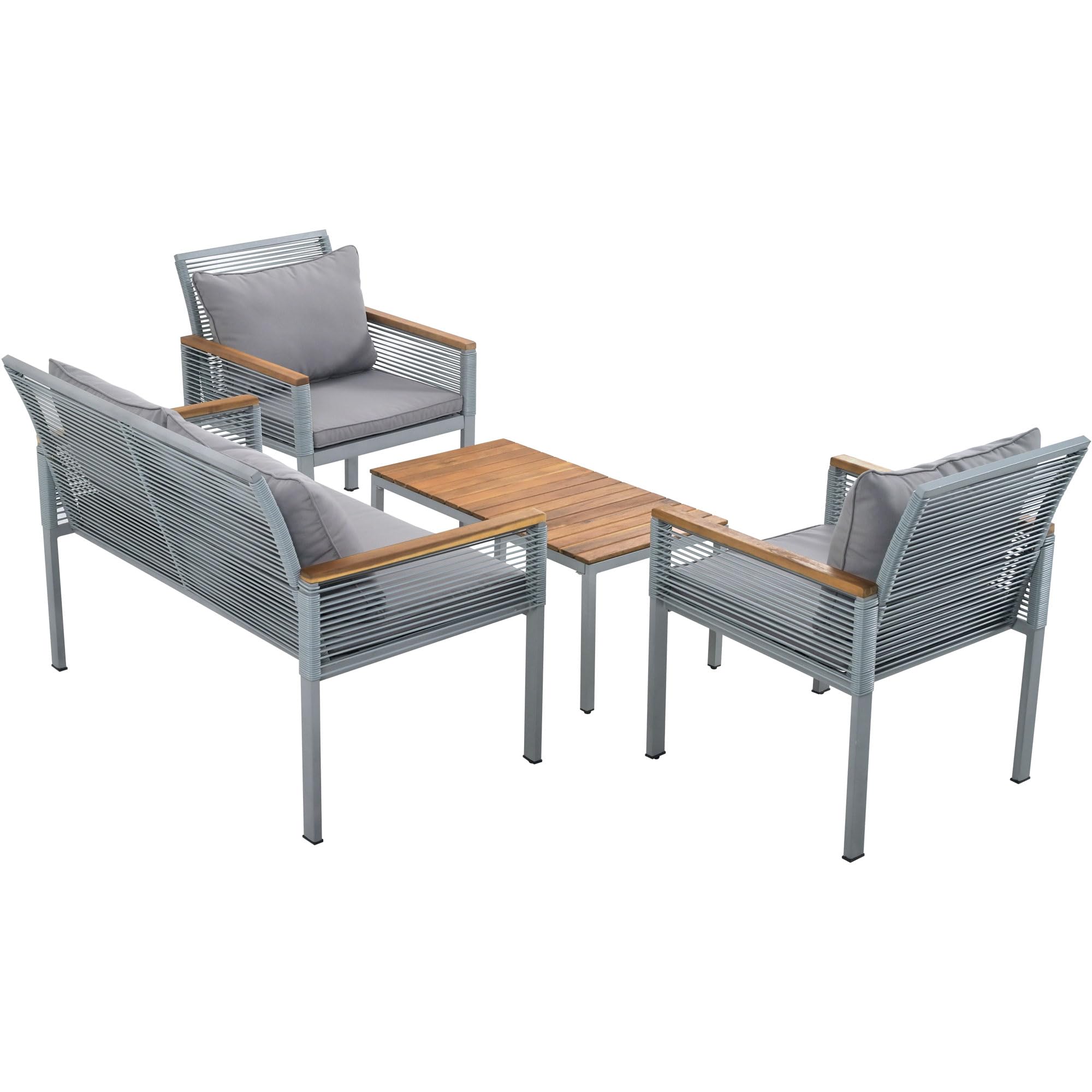 Conjunto jardín Exterior de ratán, Mueble de Jardín 4 Piezas, Conjunto Terraza de Muebles de balcón Lounge para 4 Personas, Exterior Muebles de Patio con sofá Doble, 2 sillones y Mesa (Gris)