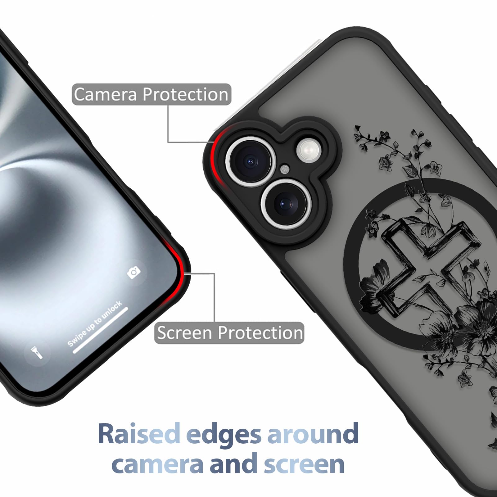 AIGOMARA Custodia magnetica per iPhone 16 Plus - Nero, fiore cristiano | [Compatibile con MagSafe] Cover posteriore rigida in morbido TPU anti-caduta antiurto elegante motivo floreale sottile