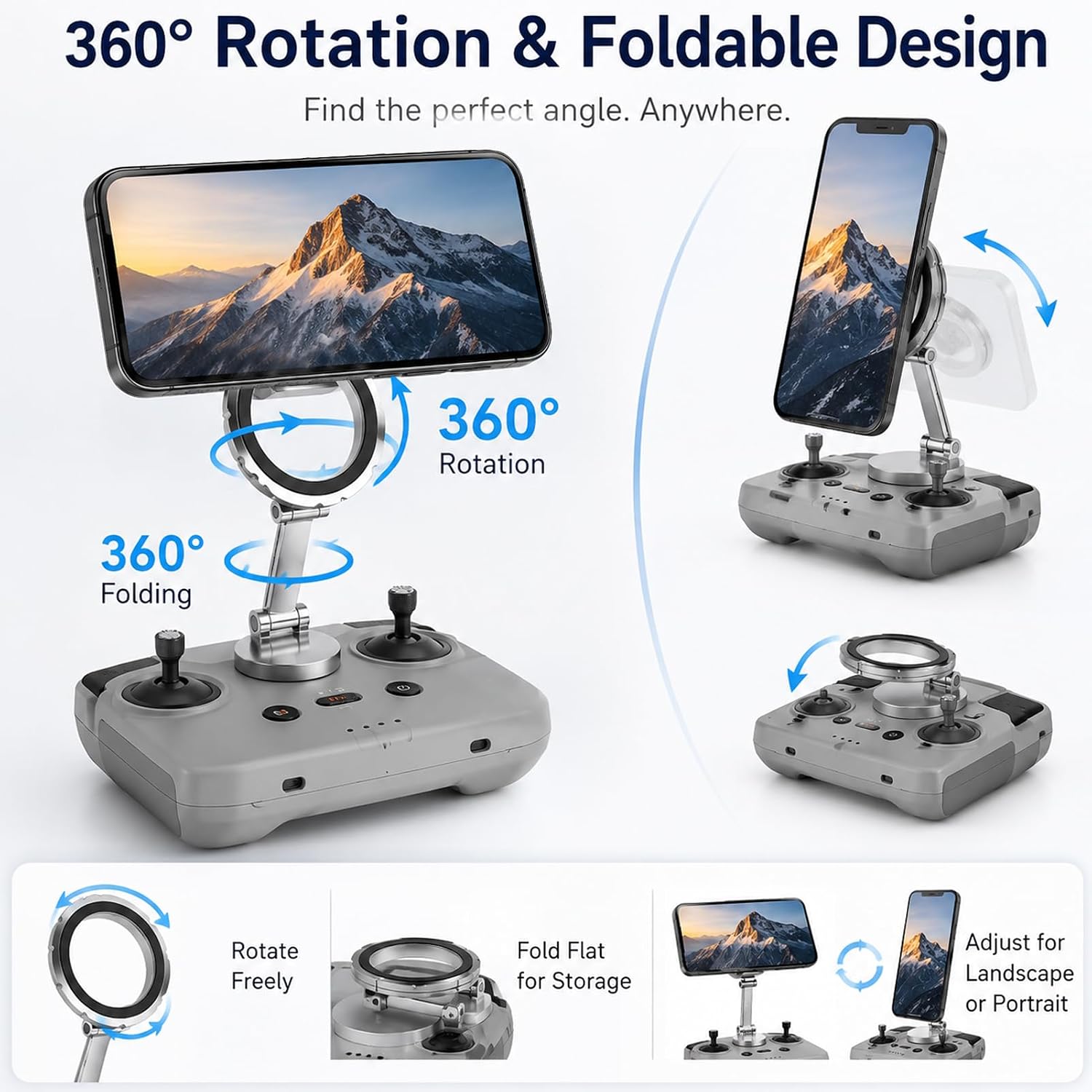 Adjustable Magnetic Phone Stand for DJI Rc-N1/N2/N3 Remote Control,for DJI Neo 2/ Avata 360/Mini 5 Pro/ 4 Pro/ 3/ Mini 4k/Air 3s/Avata 2 Skyrover X1 Drone Drone Accessories(Silver) image 3