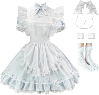 Japanese Anime Maid Outfit Cute Blue Pink Maid Costume Dress Halloween Cosplay With Headband