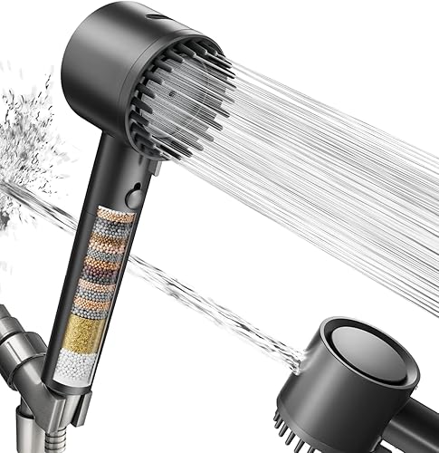 Cobbe Cabezal de ducha con filtro de mano, cabezal de ducha de alta presión de 5 modos con filtros, lavado eléctrico integrado para agua dura,