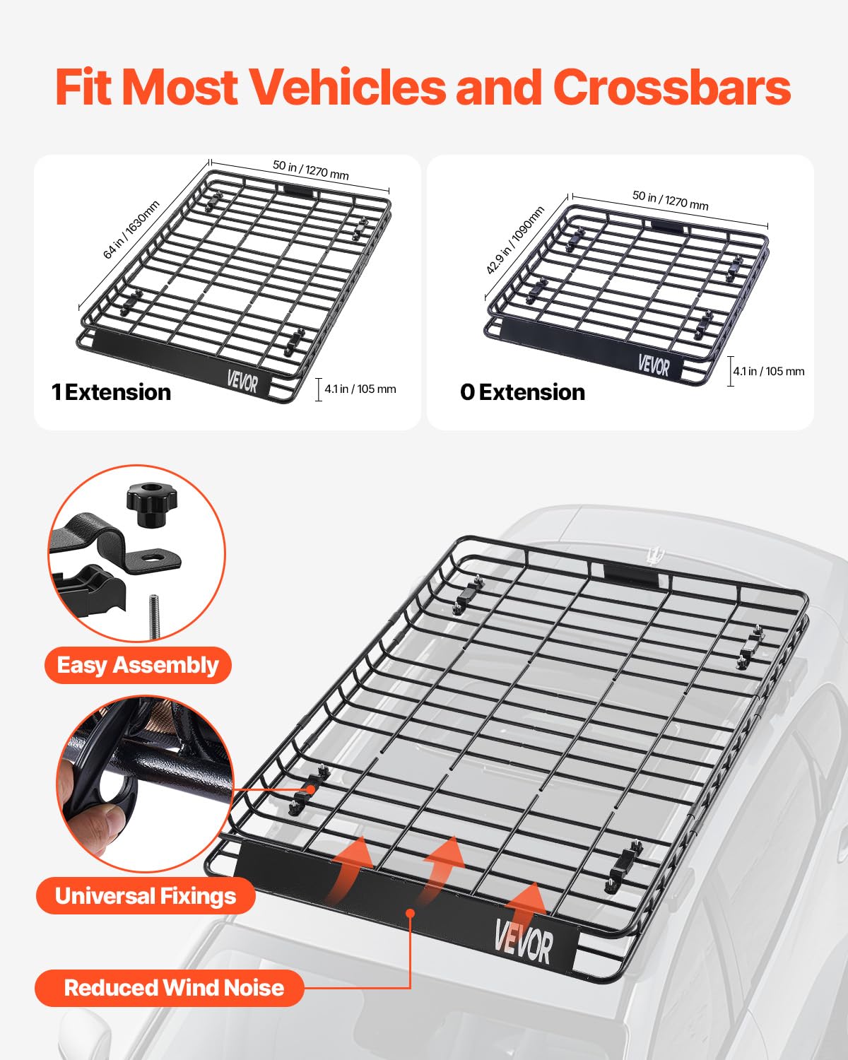 VEVOR Porte-Bagage pour Voiture, 1630 x 1270 x 105 mm, Panier de Toit Universel en Acier allié antirouille, avec Deux Filets de 900 x 1000 mm, clôture de 10,4 cm, Charge de 68 kg, pour SUV, Camion