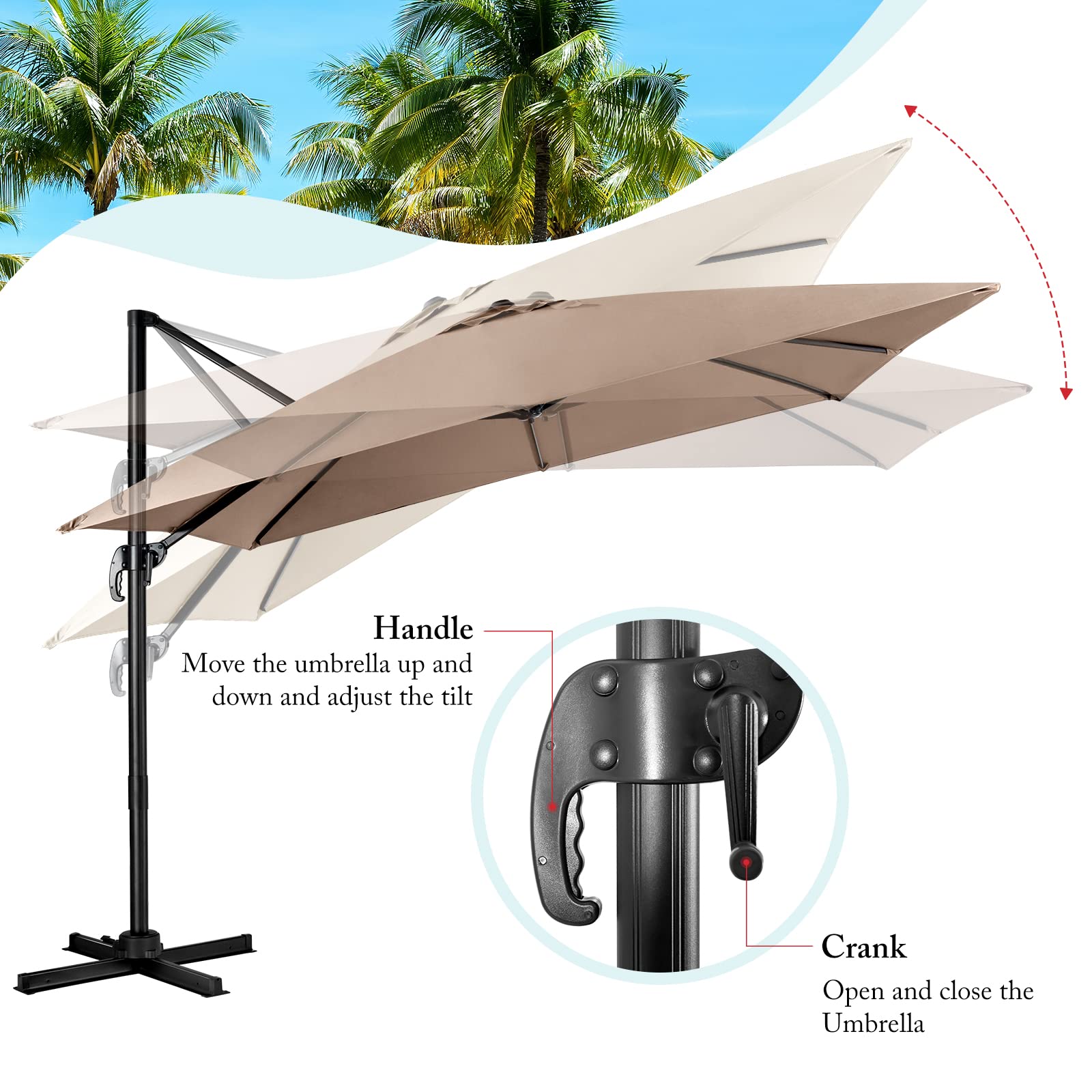 KOMFOTTEU Ombrellone da giardino, 300 cm, pieghevole e regolabile in altezza, da balcone, rettangolare, da spiaggia con base a croce, ombrellone stabile e di alta qualità, marrone, 300 x 300 cm