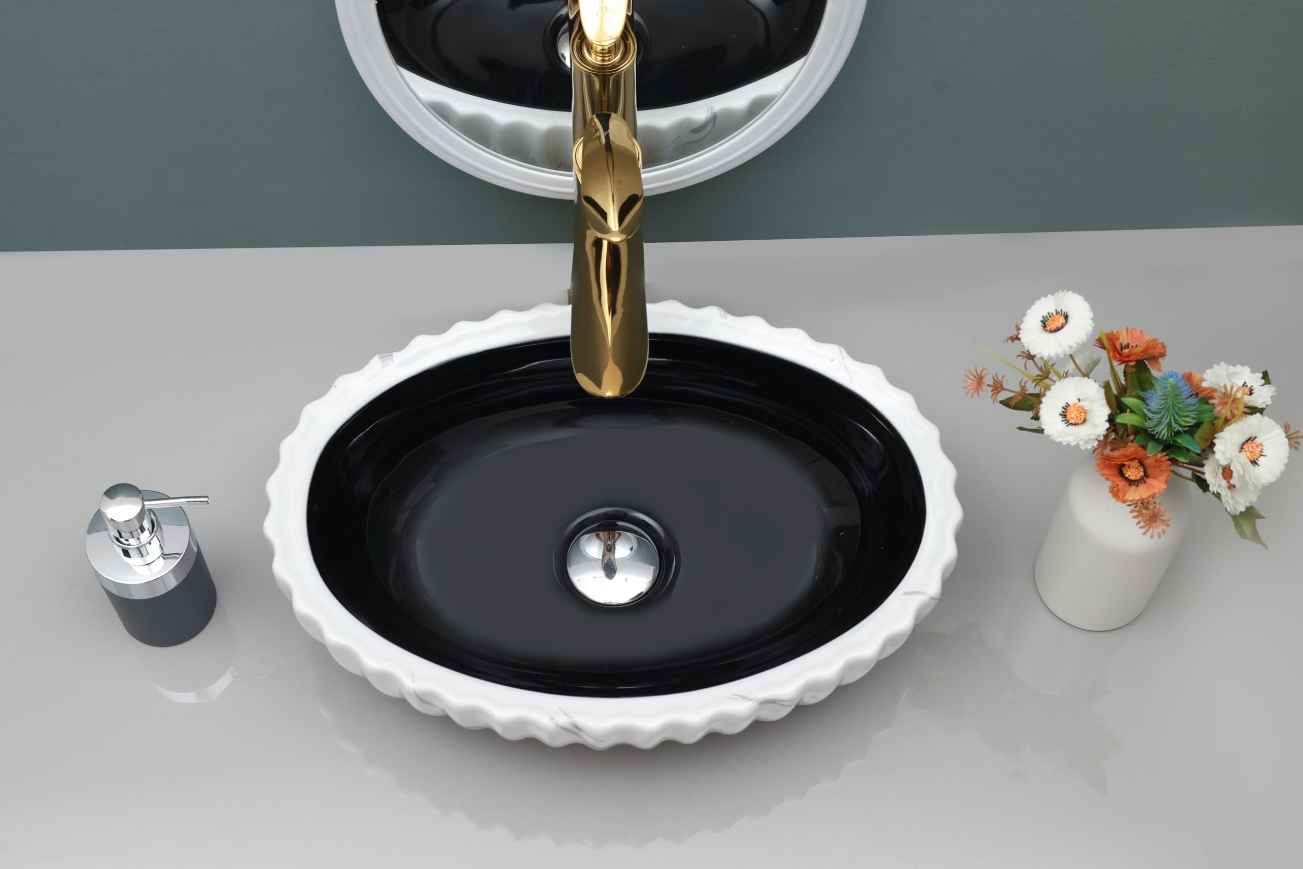 Hisre Ceramic Tabletop Washbasin(18 x 13 x 5.5 Inch) (Black & White)