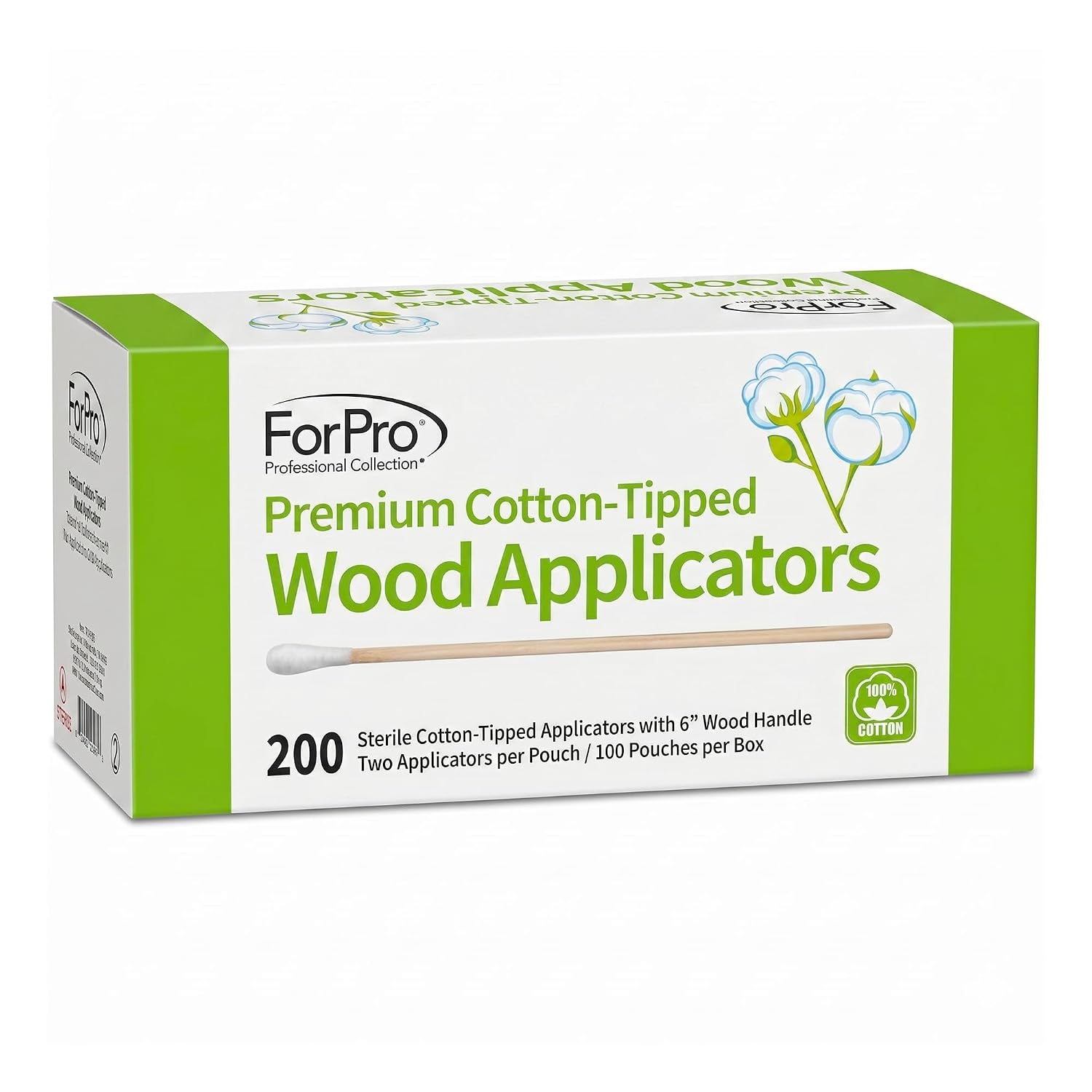 ForPro Premium Cotton-Tipped Wood Applicators, 200-Count Sterile Cotton Swabs with 6" Wood Handle for Medical, Personal Care, Travel, Individually Wrapped in Pairs