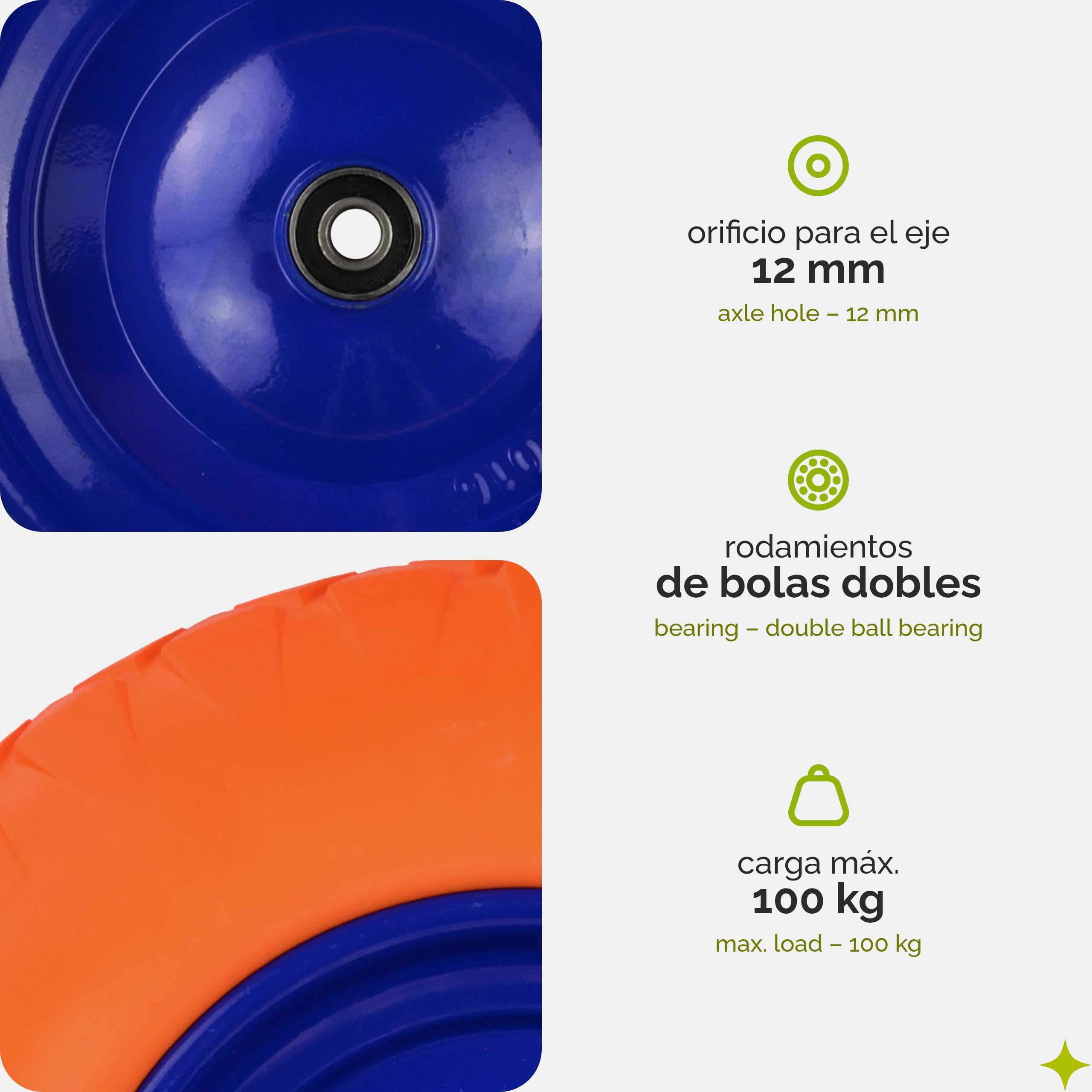 Garronda 2X Ruedas PU Antipinchazos 4.00-8 Eje 12 mm Naranja GD-0165 | Ruedas macizas PU con llanta de acero y doble rodamiento, carga hasta 100 kg; para carretillas de jardín, obra y transporte