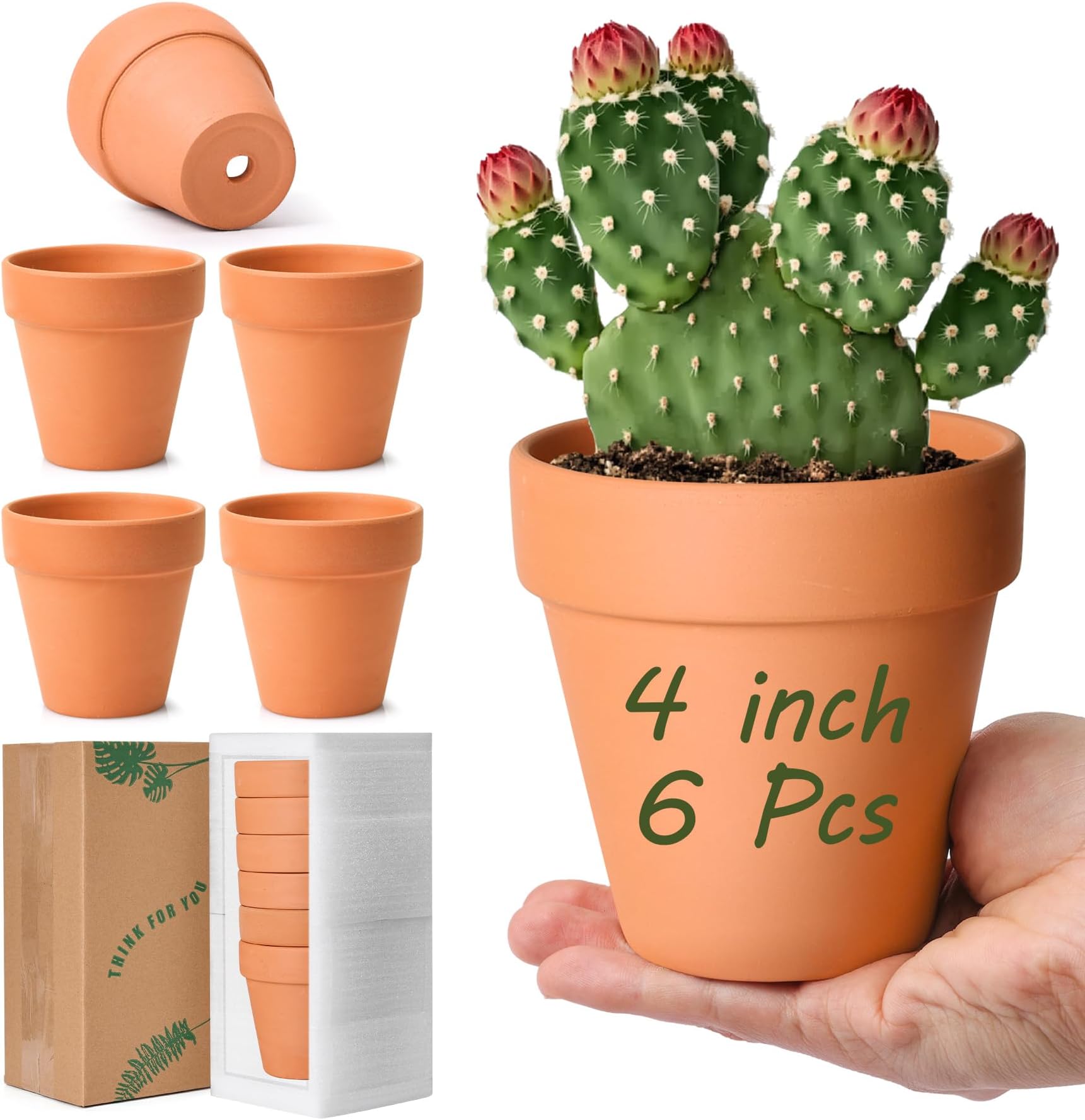 T4U 10.5CM Terracotta Clay Pots Pack of 6 - Small Craft Nursery Plant Pot Water Permeable Succulent Cactus Pottery Planter DIY Home Office Desktop Windowsill Ornament Decoration Wedding