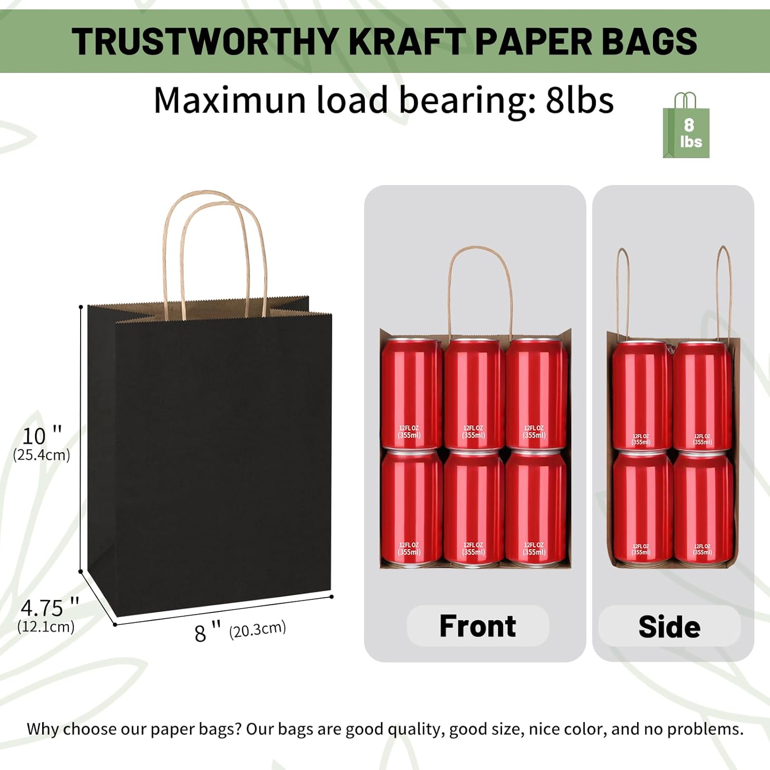 Mlyta 200 Pack 8x4.75x10 Inch Medium Black Kraft Paper Gift Bags with Handles Bulk for Goodie, Party Favor, Brithday Grocery Shopping, Small Business Wedding Retail Craft Treat, Merchandise Sacks