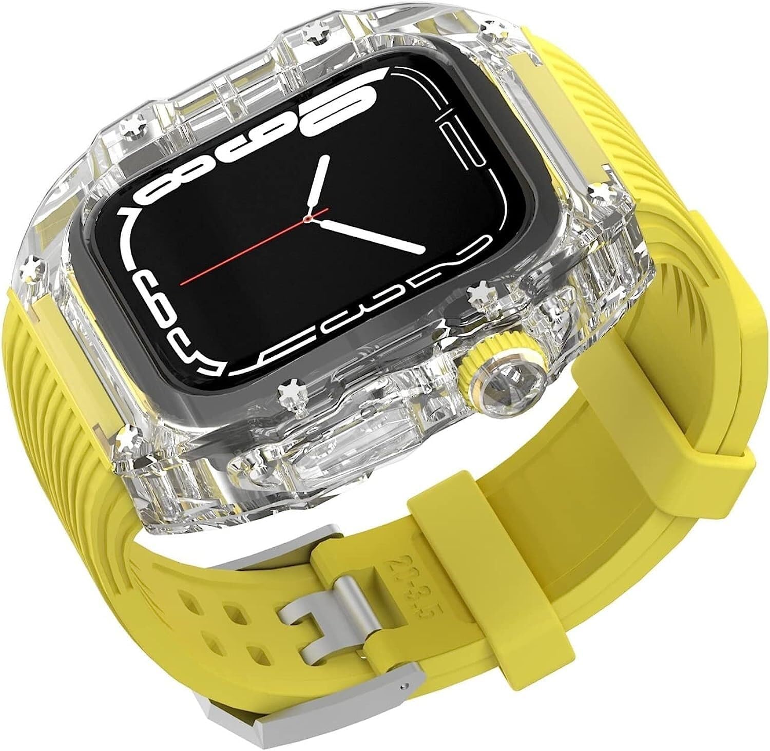 Men WomenTransparent Watch Case Stripes Silicone Band，For Apple Watch Series 8 7 6 5 4 SE 45mm 44mm，Hard PC Cover Case Watch Replacement Bands and Bezels Mod Kit