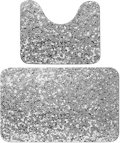 Juego de 2 alfombras de baño de lentejuelas con purpurina sintética de color gris plateado, gris y blanco, alfombra de baño de contorno en forma de