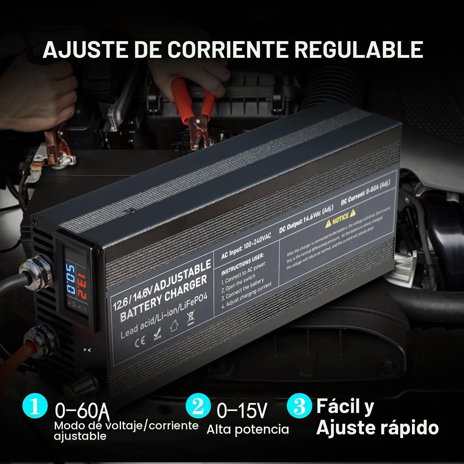 Cargador de Baterías LiFePO4 14.6V 60A, Regulación de Voltaje Preciso 0-15V Multivueltas, Cargador Rápido de Baterías de Litio 12V 60A con Carga Automática al Conectar