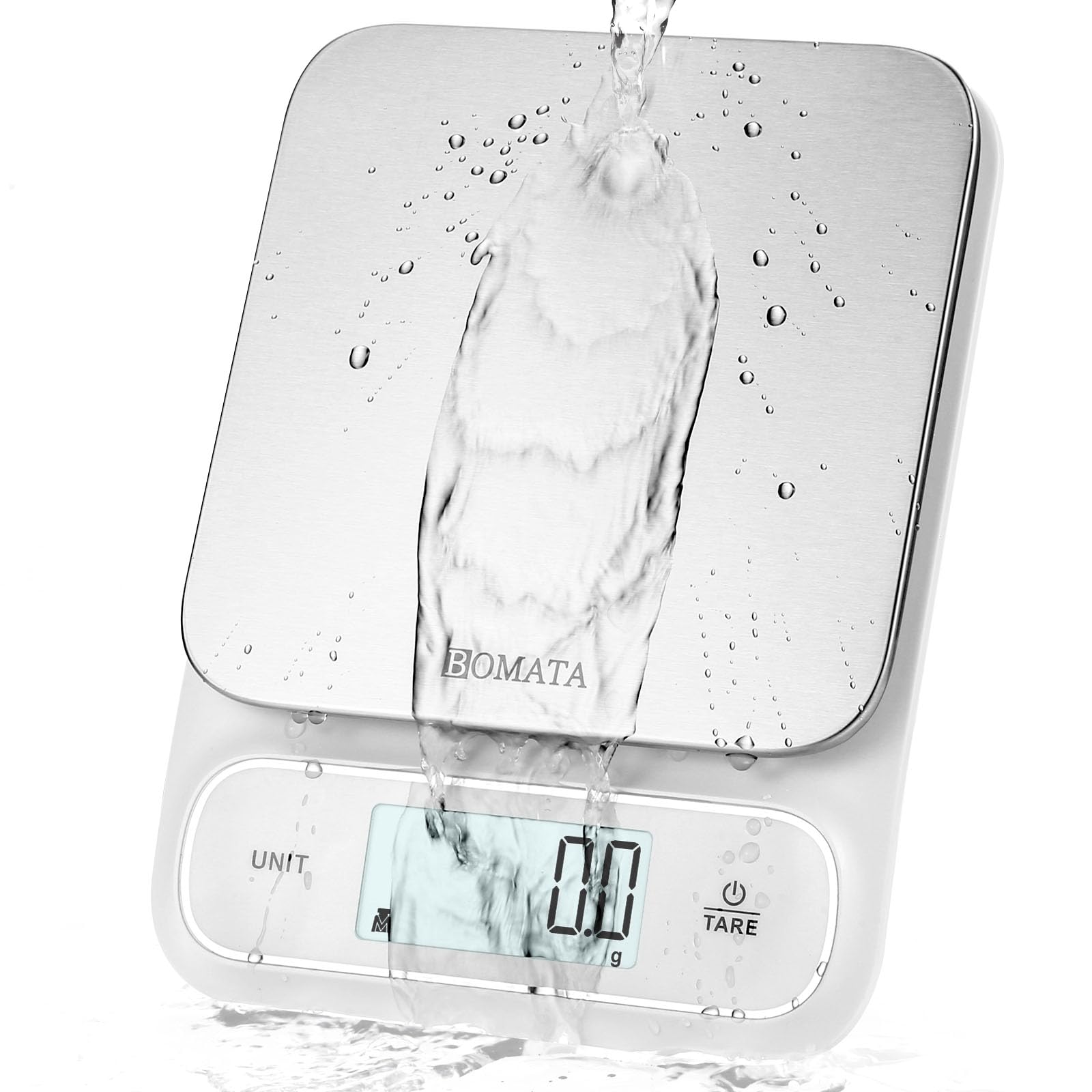 BOMATA Báscula de cocina resistente al agua IPX6, de alta precisión de 0.1g, con pantalla digital retroiluminada y plat…