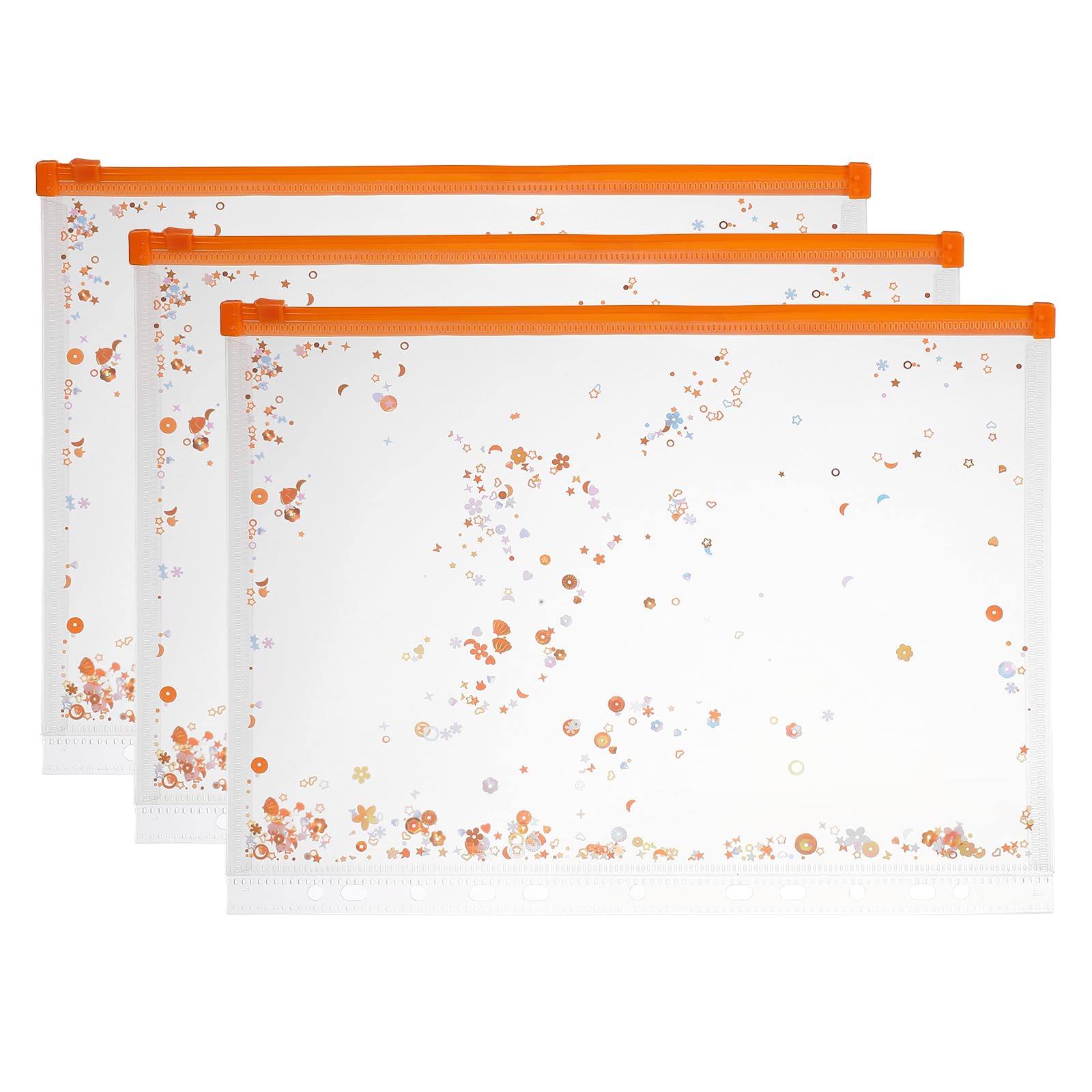 PATIKIL 3Pcs A4 Plastic Binder Zipper, Binder Pockets 12 x 9 Clear Envelope Folders Planner Waterproof Pouch Filing with Sequin Decor for Document Notebook Card Organizer, Bright Orange