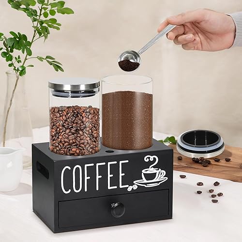 Miniatura 3 de Recipientes de café de vidrio con estante, contenedor de almacenamiento de granos de café con tapas herméticas, contenedor de café para café molido,