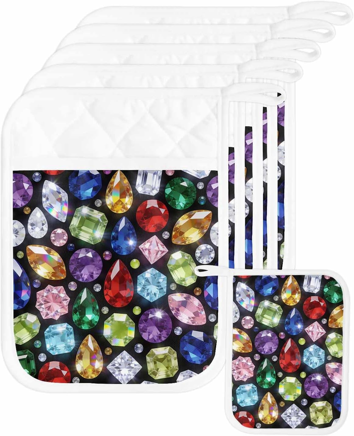 5 Pack Pot Holder with Pocket, Dreamy Gemstone Colorful Kitchen Potholders Heat Proof Non Slip Pot Holders Sets, Abstract Geometric Hot Pads Potholder for Cooking Baking BBQ