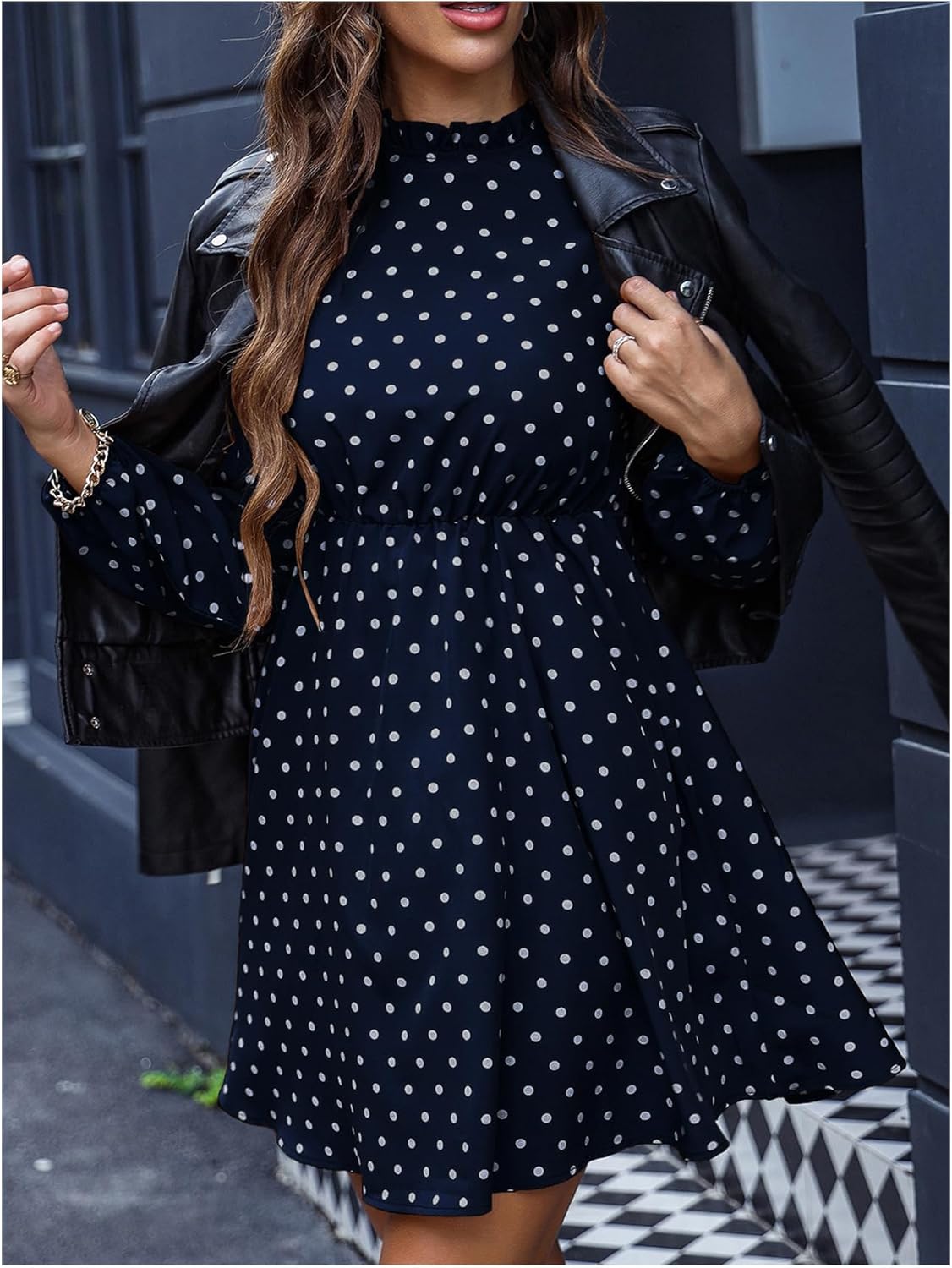 SweatyRocks Women's Polka Dots Mini Dress Vintage Mock Neck Long Sleeve A Line Short Dress - Image 4