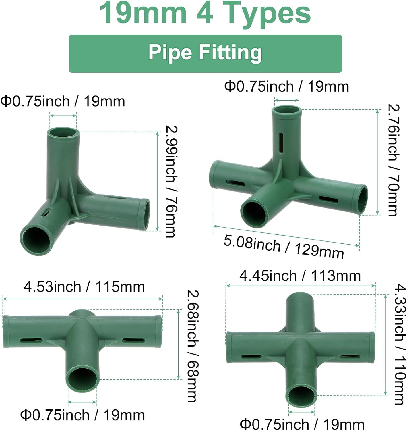 M METERXITY 16 Pcs 19mm Greenhouse Frame Building Connectors, 4 Types Pipe Fitting for Grape Trellis/Sunscreen Shed/Gardening Plant Stakes, Greenhouse Accessories [Green]