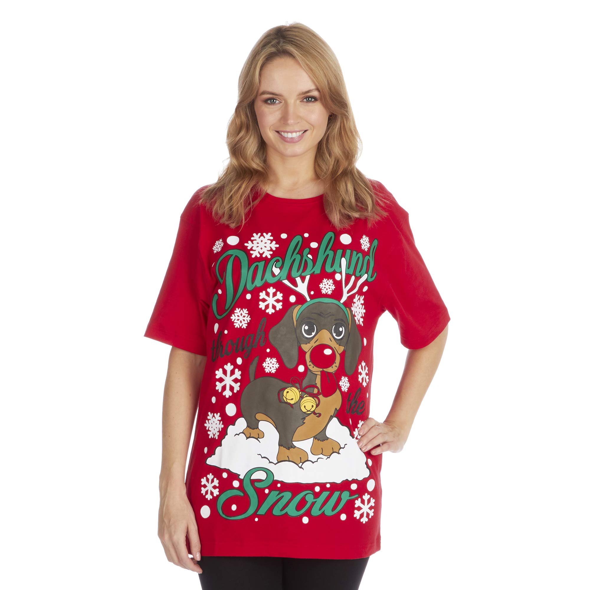 Metzuyan Women's Red Dachshund Xmas Printed T-Shirt Cotton Rich Funky Rude Gift L