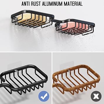 2 Soap Dishes Holder Shower Soap Bar Holder for Shower Wall, Soap Holder for Bathroom, Rustproof Aluminum Sponge Holder for Kitchen, Square (Black) 1 Pack