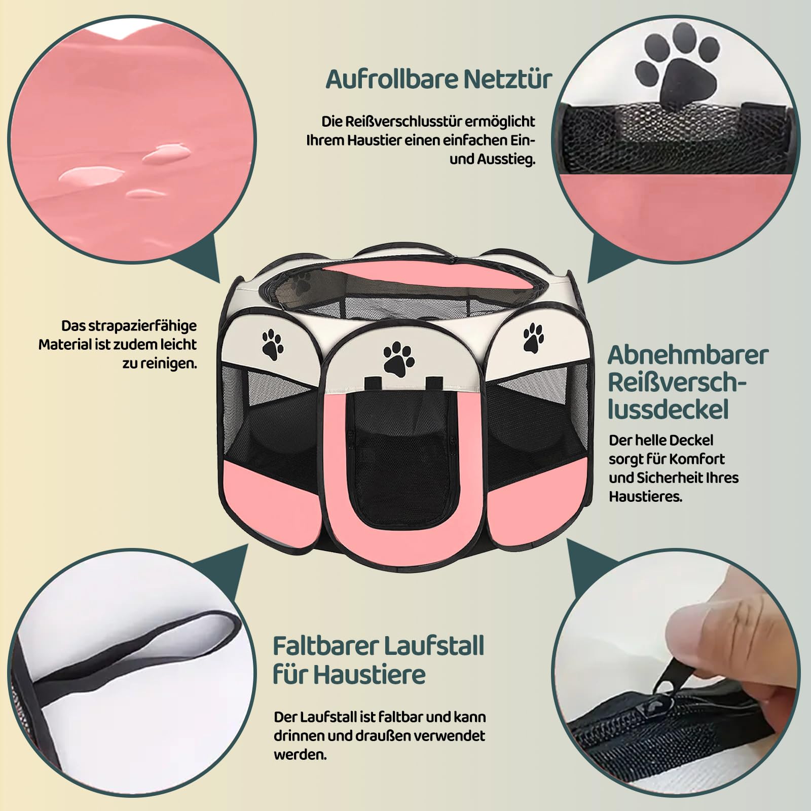 Welpenauslauf Faltbare Hundebox - 74x74x43cm Welpenlaufstall Faltbare hundezelt Katzengehege für Drinnen Outdoor Hundekäfig Kaninchen Laufstall Katze Hund Katzenzelt Kleintiergehege (Rosa)