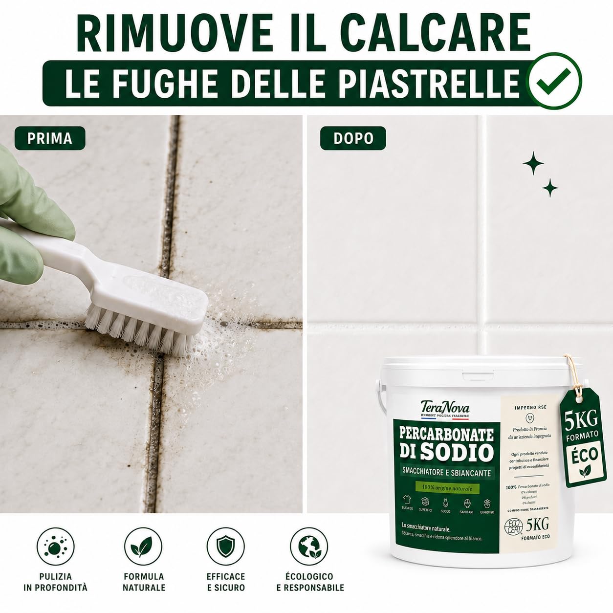 Percarbonato di Sodio 5 kg – Smacchiatore e Sbiancante Naturale ECOCERT – 100% Puro senza Additivi – Oltre 600 Lavaggi – Ossigeno Attivo – Dosatore Incluso