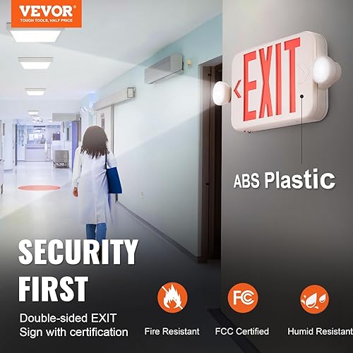 Miniatura 2 de VEVOR Señal de salida LED con luces de emergencia, dos cabezales ajustables LED, luz de salida de emergencia con batería de respaldo, iluminación
